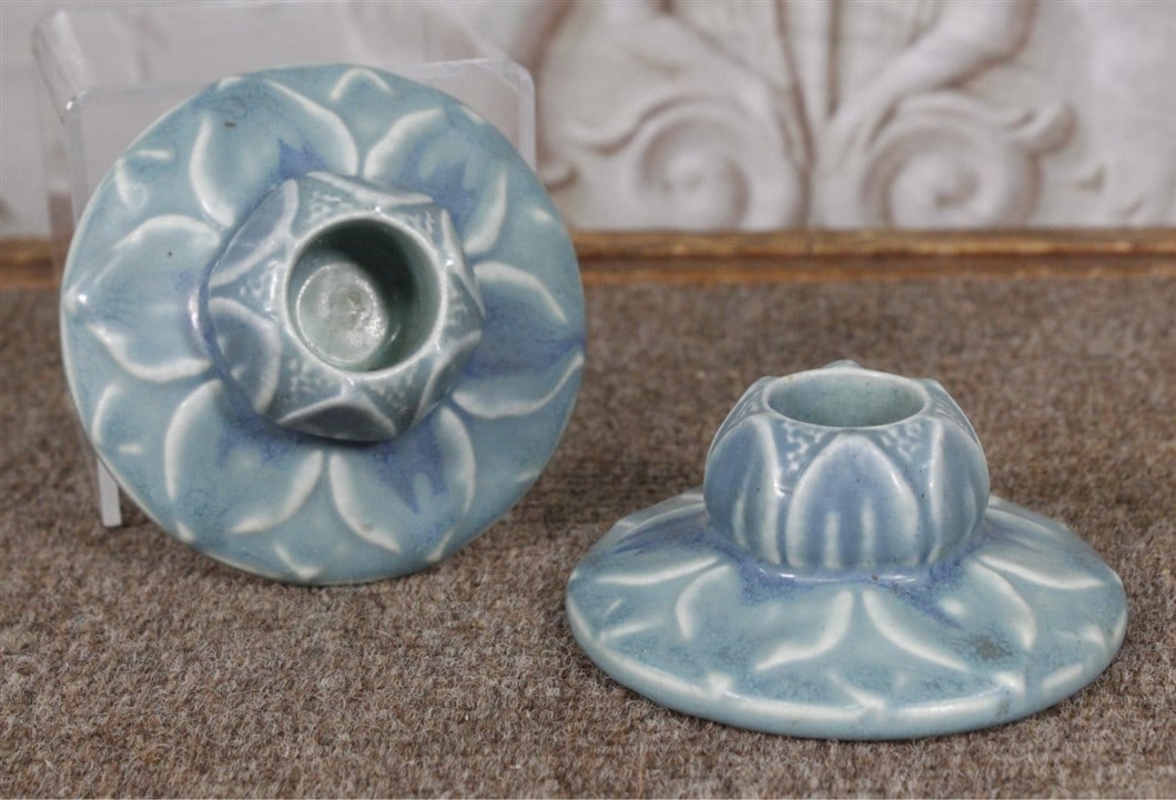 A Pair of Rookwood Art Pottery Candle Stands, in blue matte, overglazed date & shape stamps, Exc (1 of 2)