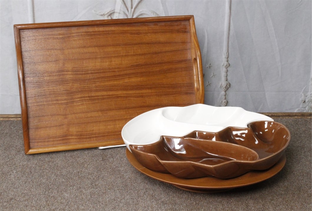 A Danish Modern Teak Serving Tray & California pottery 2Pc leaf shape trays on lazy susan by (1 of 1)