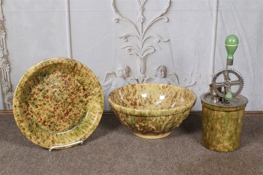 3 Pc Group of Spatter decorated Stoneware, Probably Morton Pottery, Ill. Exc cond. Largest 10"Dia. (1 of 4)