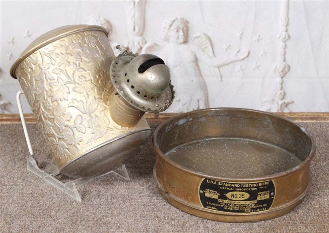 A Brass U.S.A. Standard Testing Sieve mfg by Tyler and an angle lamp font, VG cond, larger 8"H. (1 of 2)
