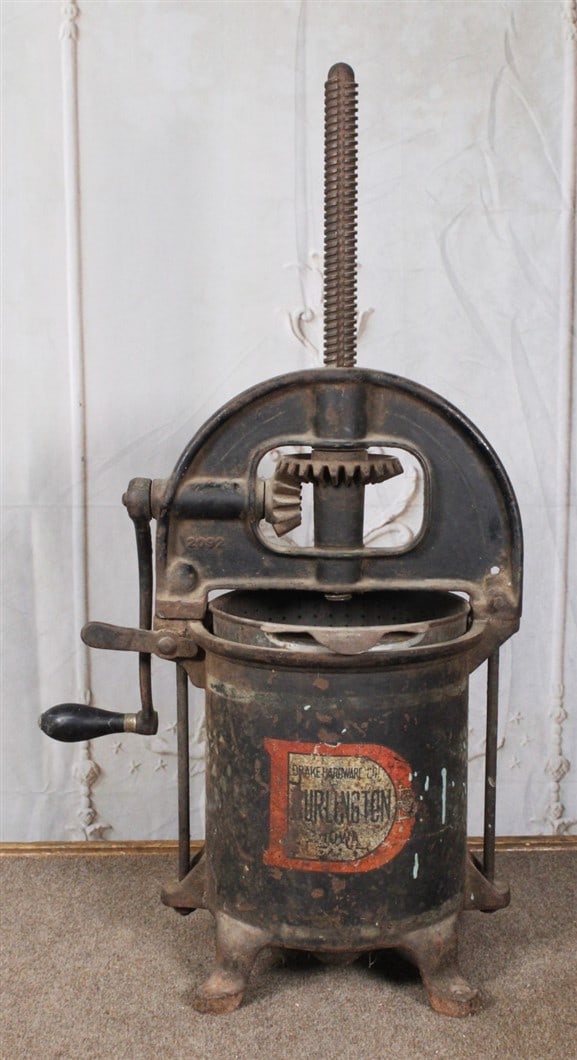 An Enterprise Mfg Cast Iron Fruit Press, w/orig label advertising Drake Hdw, Burlington, Iowa, VG (1 of 2)