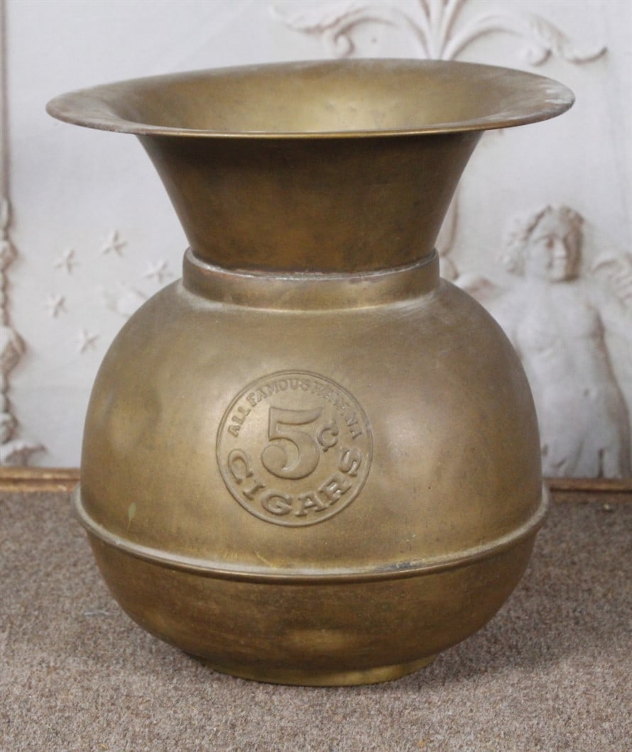 A Vintage Brass Spittoon embossed "All Famous Havana 5 cent Cigars" G+ cond, 10"H. Pick-up note: (1 of 2)