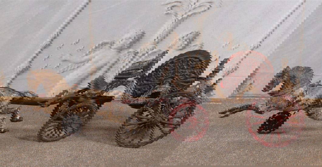 An Antique Cast Iron Horse Drawn Fire Hose Wagon, Orig Paint, Missing