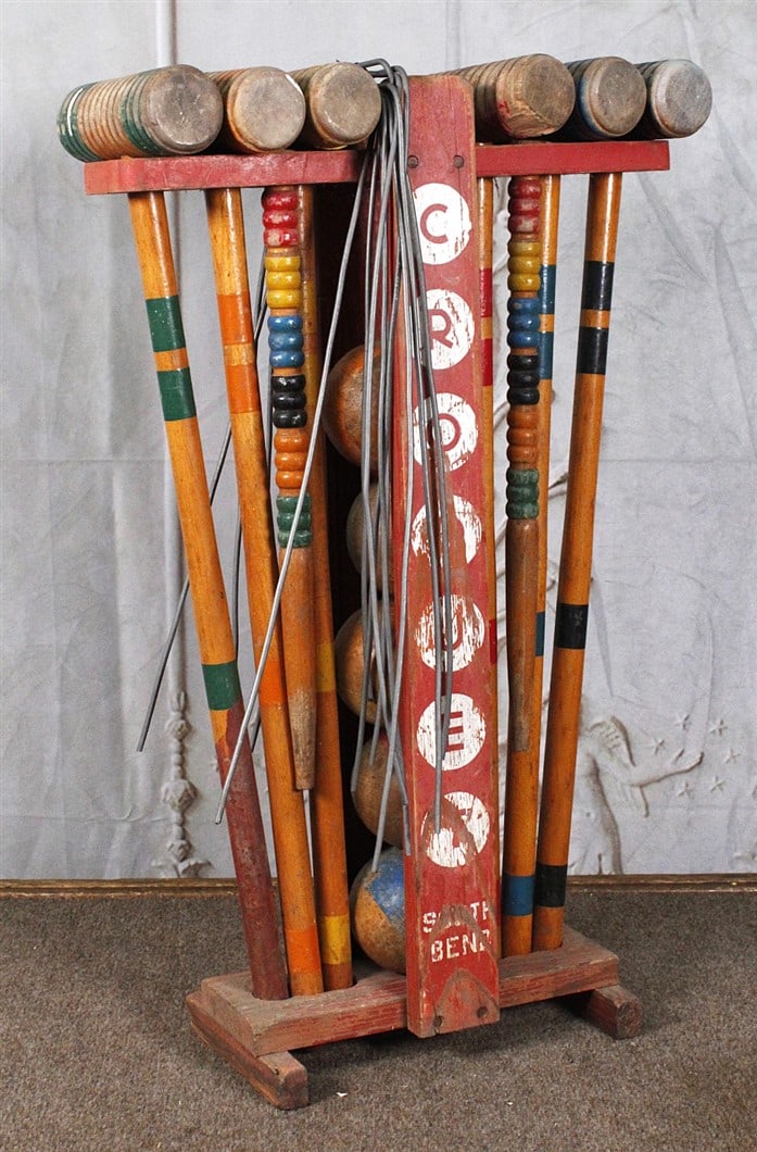 A Vintage Southbend Wood Croquet Set, in G cond, 26"H.: A Vintage Southbend Wood Croquet Set, in G cond, 26"H.