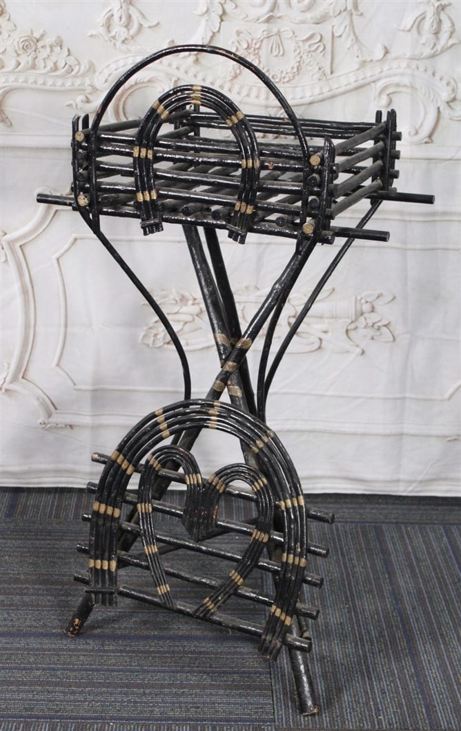 A Folk or Tramp Art bent wood stand with orig black & gold painted finish. 1920s, Exc cond35"H. (1 of 3)