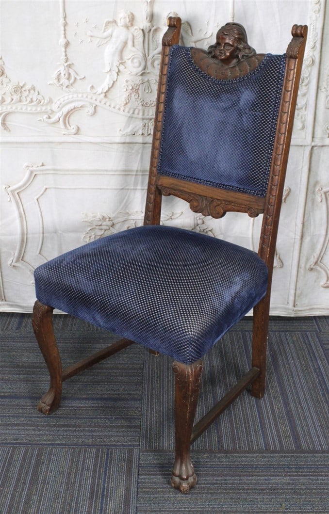 A Victorian Gothic Revival Side chair, walnut w/carved bust of a child, VG+ cond. 41"H (1 of 2)