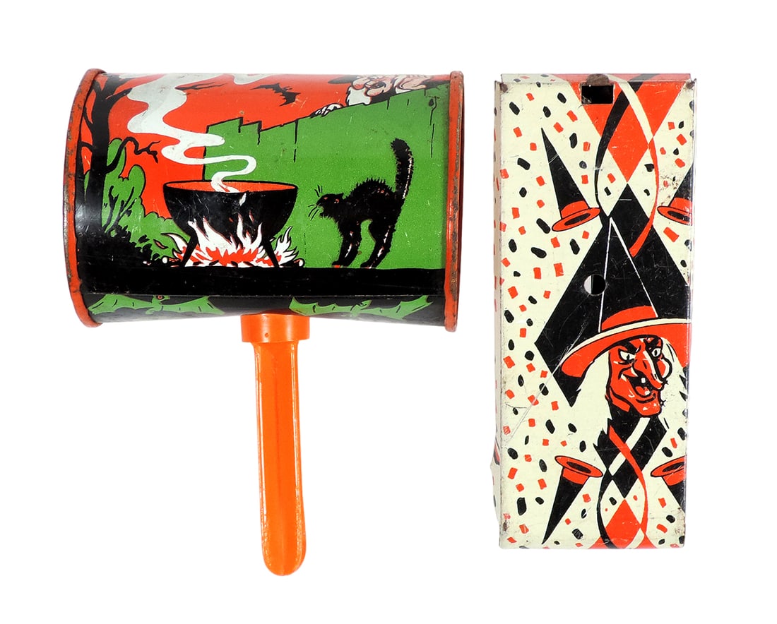Halloween Noise Makers (2), Rattle w/witch/cat/ghost, litho on tinw/orange (1 of 2)