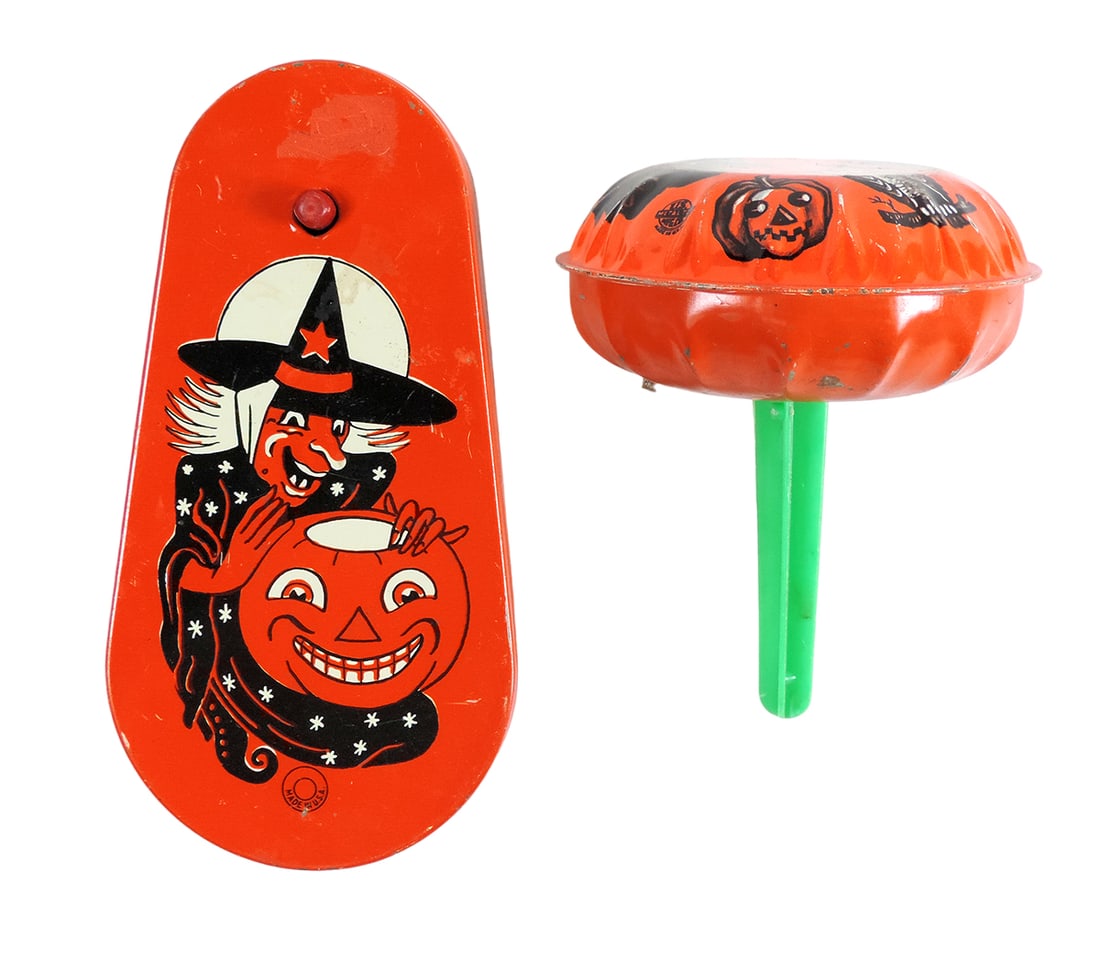 Halloween Noise Makers (3), Rattle w/witch/cat/owl/pumpkin, litho on tin w/ (1 of 2)