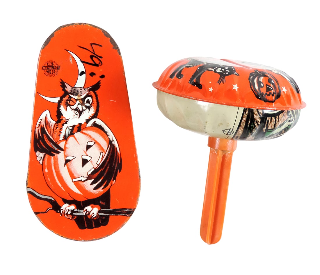 Halloween Noise Makers (2), Rattle w/witch/cat/owl/pumpkin, litho on tin w/ (1 of 2)