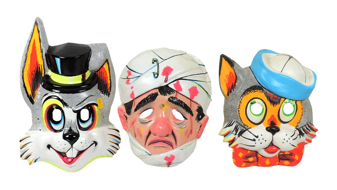 Halloween Masks (3), rabbit w/hat, bandaged patient & cat w/hat, Vacuform p: Halloween Masks (3), rabbit w/hat, bandaged patient & cat w/hat, Vacuform plastic w/orig 29 Cent price marks, c.1960's, Exc cond w/no cords.