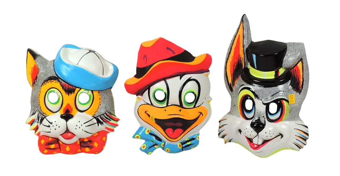 Halloween Masks (3), rabbit, cat & duck, all very colorful w/hats, Vacuform: Halloween Masks (3), rabbit, cat & duck, all very colorful w/hats, Vacuform plastic, orig price stamped 25 Cents, c.1960's, all Exc cond w/no cords, largest 12"H.