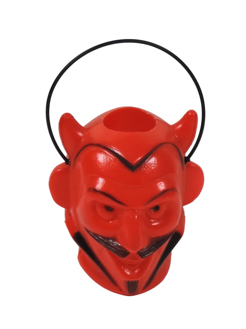 Halloween Devil Candy Container, red/black molded plastic w/orig handle, 35 (1 of 2)