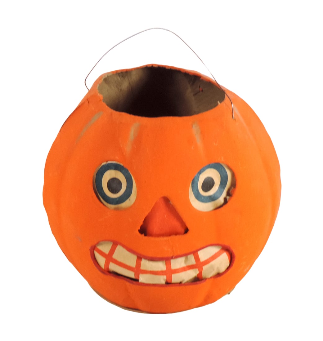 Halloween Pressed Paper Mache Jack-O-Lantern, c.1930s, made in Germany, Exc (1 of 2)