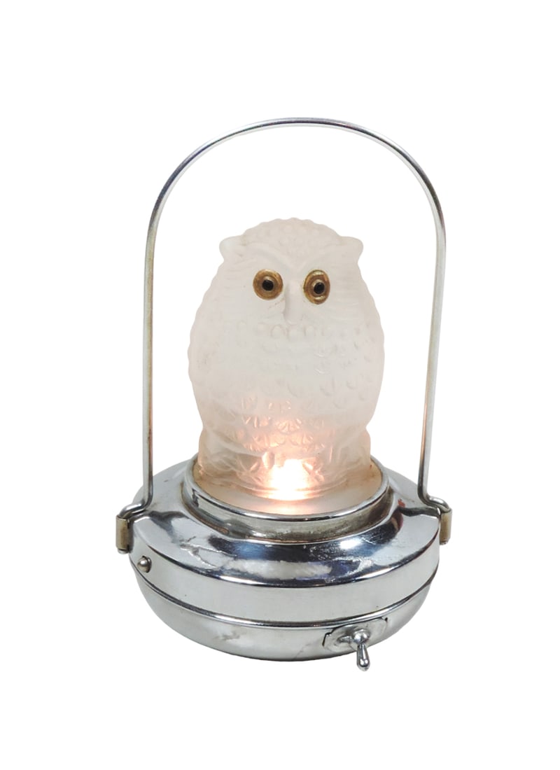 Halloween Lantern, Owl, glass & metal, battery-operated, stamped Made in Ja (1 of 2)