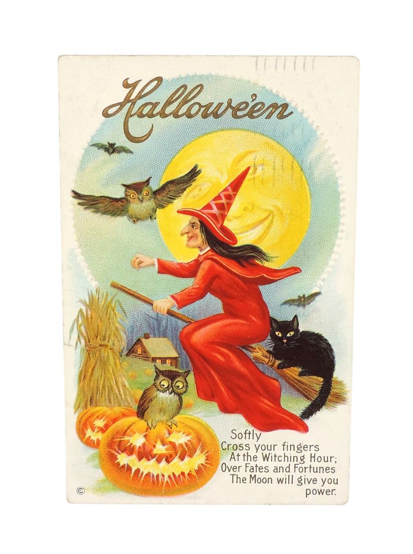 Halloween Postcard, Stecher 216 C, Witch in Red w/black cat on broom, embos (1 of 2)