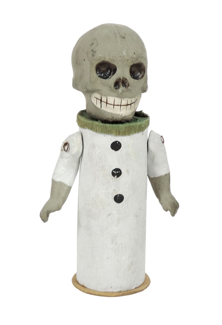 Halloween Candy Container, Skeleton, composition w/orig paint, movable arms (1 of 3)