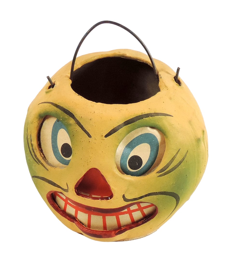 Halloween Pressed Paper Mache Jack-O-Lantern, c.1930s, made in Germany, Exc (1 of 2)