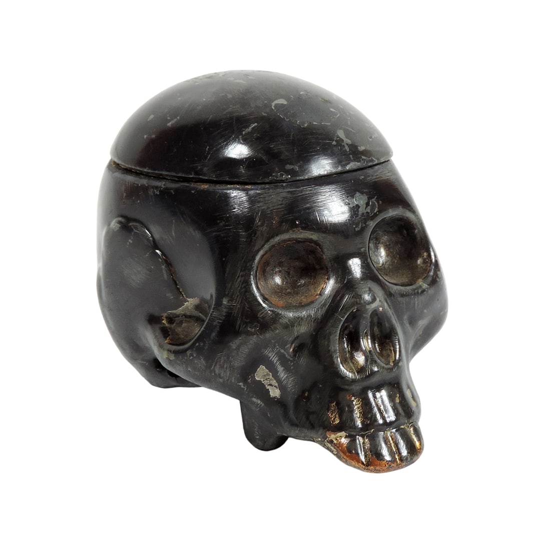 Halloween Skull Inkwell, cast iron w/silver wash, well cast w/nice details, (1 of 3)