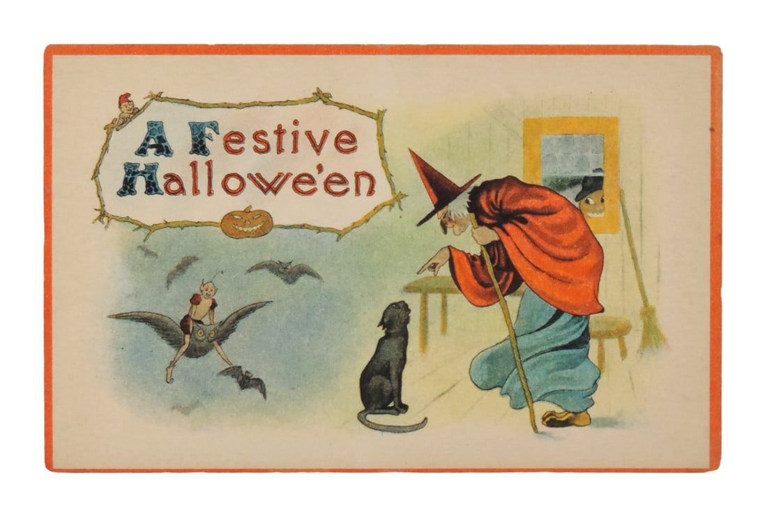 Halloween Postcard, A Festive Halloween, Sampson Brothers, witch w/black ca (1 of 2)