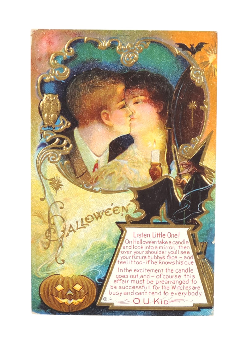 Halloween Postcard, Nash O.U. Kid Series 6, embossed Lovers w/candle, witch (1 of 2)