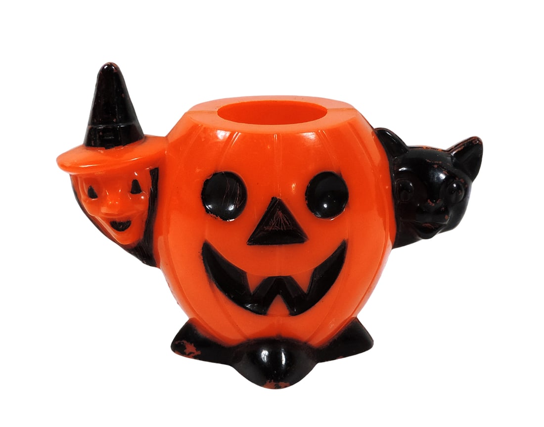 Halloween Candy Container, Witch & Black Cat w/Jack-O-Lantern, Rosbro hard (1 of 2)