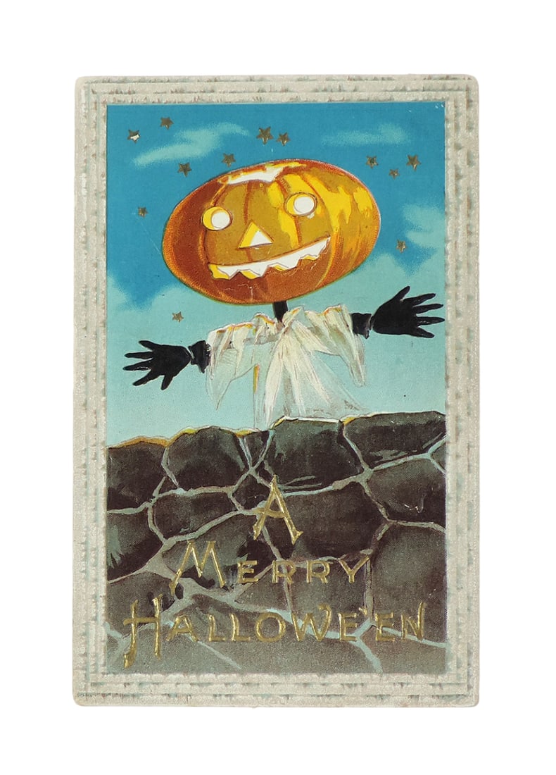 Halloween Postcard, Sampson Brothers, "A Merry Halloween", embossed pumpkin: Halloween Postcard, Sampson Brothers, "A Merry Halloween", embossed pumpkin-head scare crow, c.1911, posted w/Rare Geo. Washington 1 Cent stamp, VG cond.