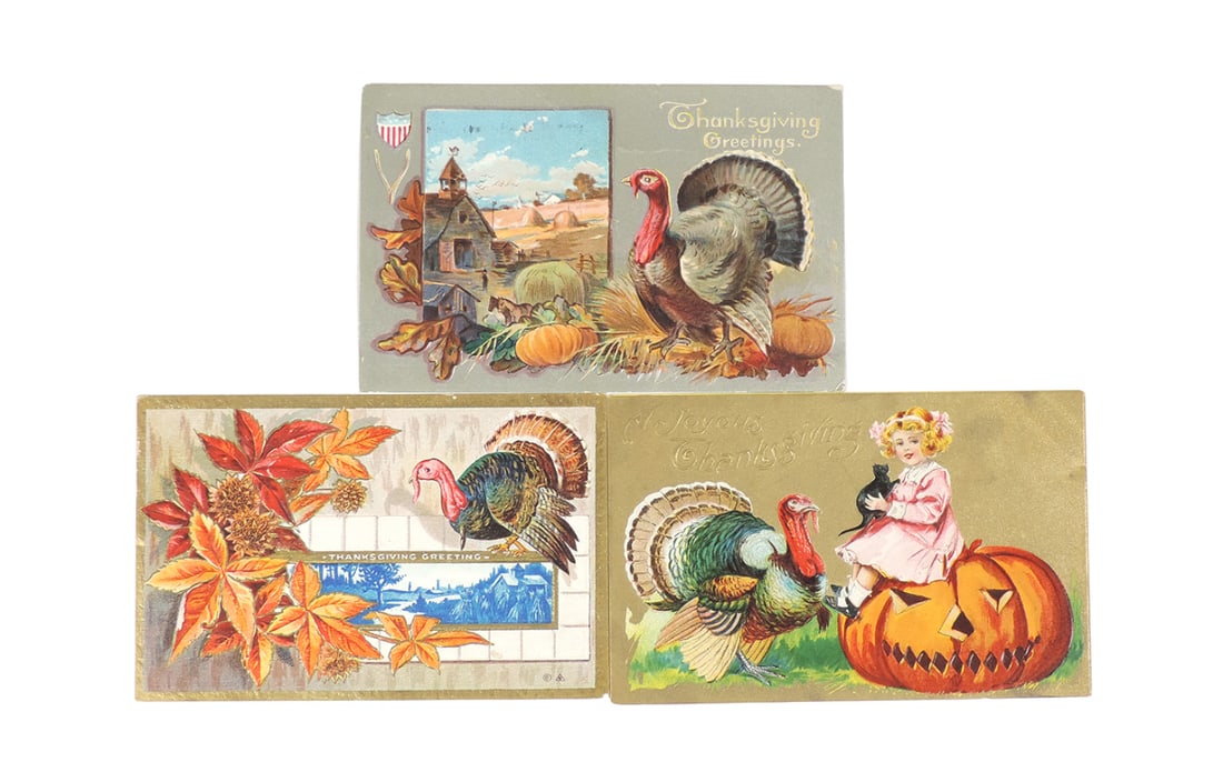 Thanksgiving Postcards (3), A Joyous Thanksgiving, Girl & Cat sitting on pu (1 of 2)