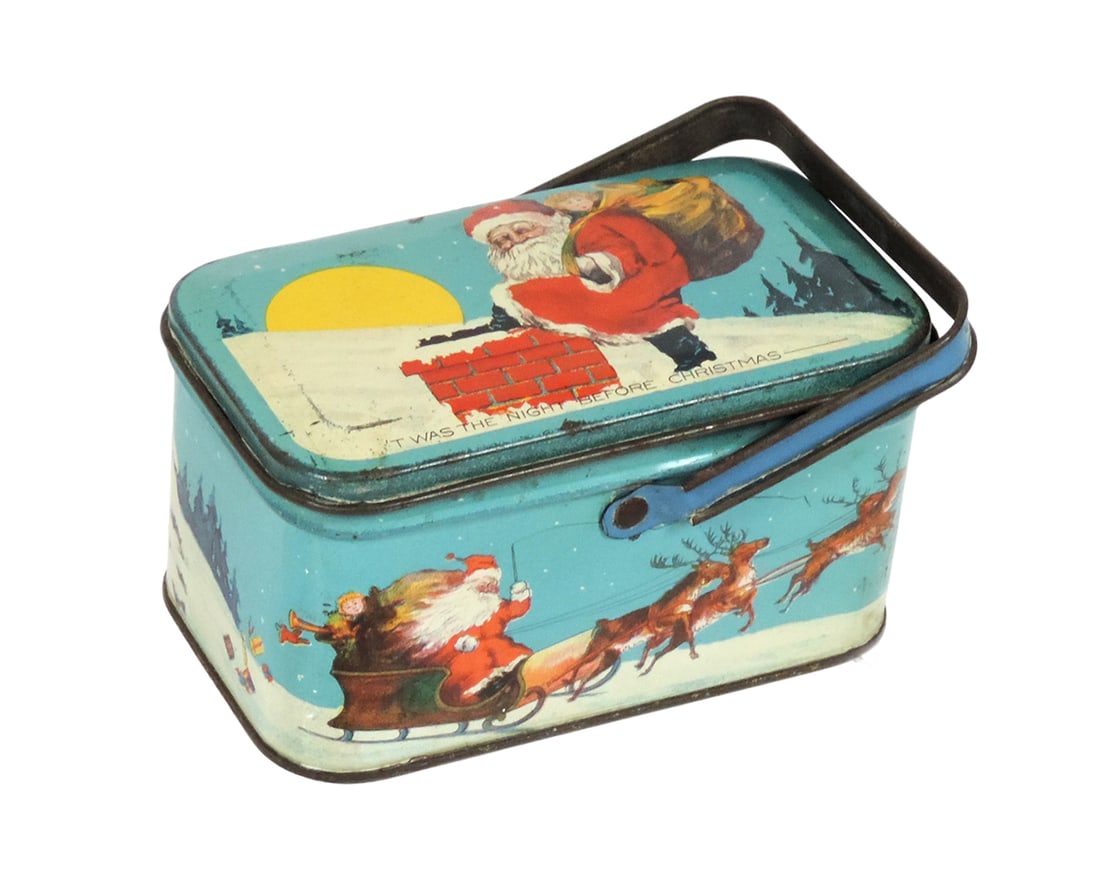 Christmas Tin Candy Container, "Twas The Night Before Christmas", stamped T (1 of 2)