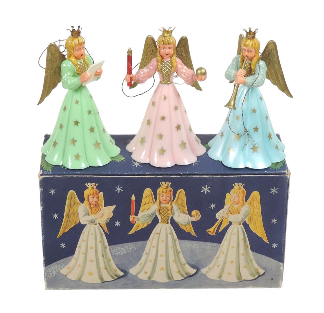 Christmas Angel Ornaments, green w/choir book, pink w/candle/gold ball, blu (1 of 2)