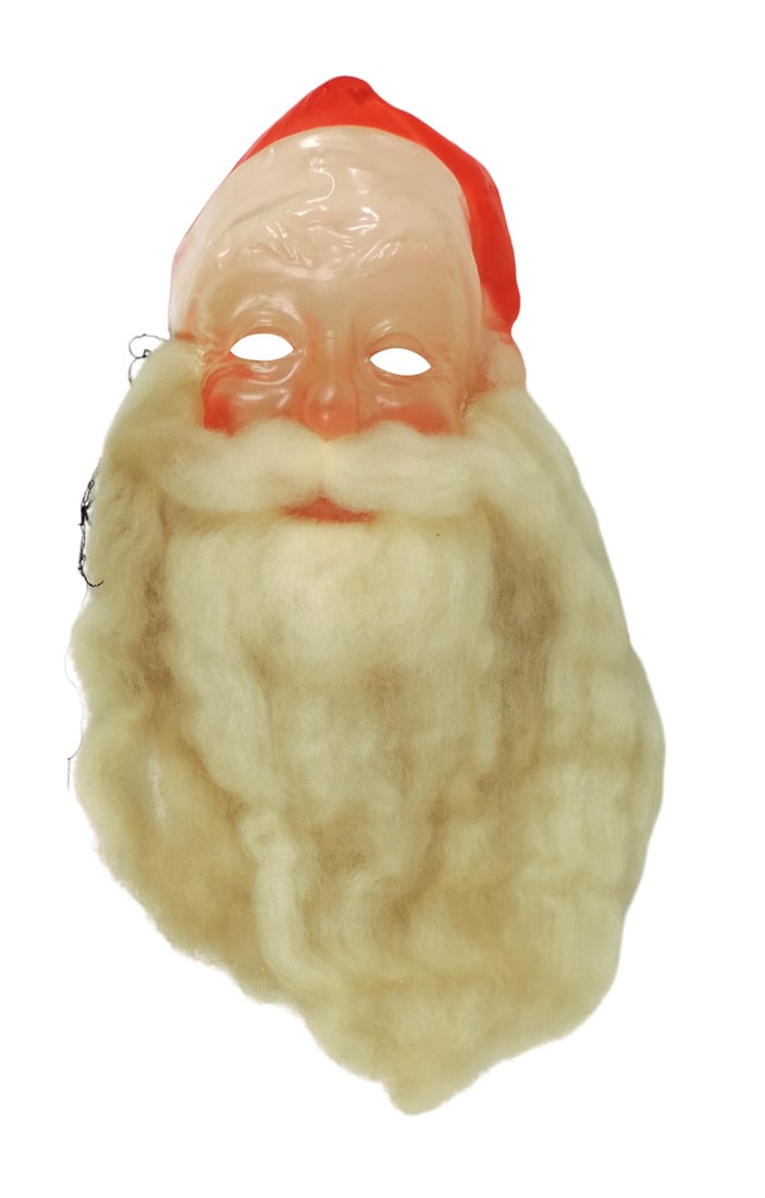 Christmas Santa Claus Mask, celluloid/plastic, faux fur beard, unmarked, Ex (1 of 1)