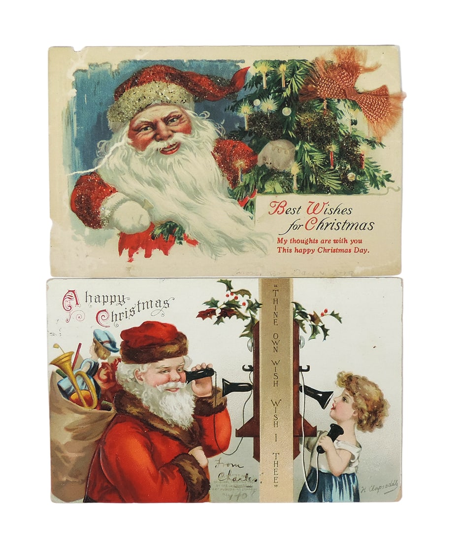 Christmas Postcards (2), A Happy Christmas, Santa & young girl on telephone (1 of 2)