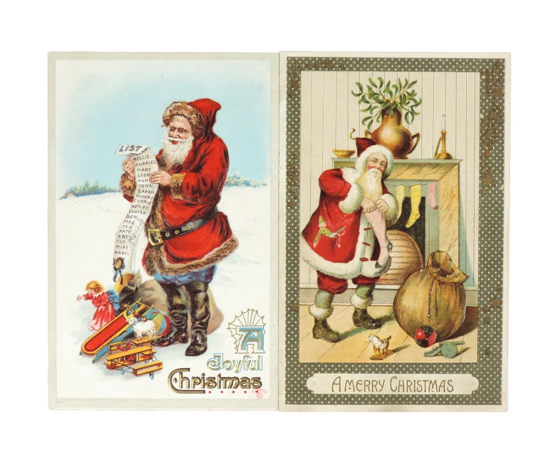 Christmas Postcards (2), A Joyful Christmas, Santa w/list & gifts, inscribe (1 of 2)