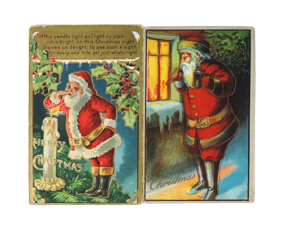 Christmas Postcards (2), A Merry Christmas, Santa at window carrying tree, (1 of 2)