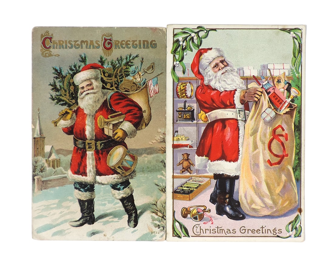Christmas Postcards (2), both Christmas Greetings w/Santa & bag filled w/to (1 of 2)