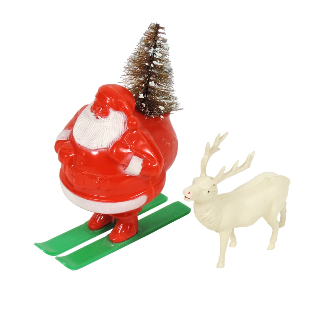 Christmas (3), Santa Candy Container on green skis, c.1950s, plastic, made (1 of 3)