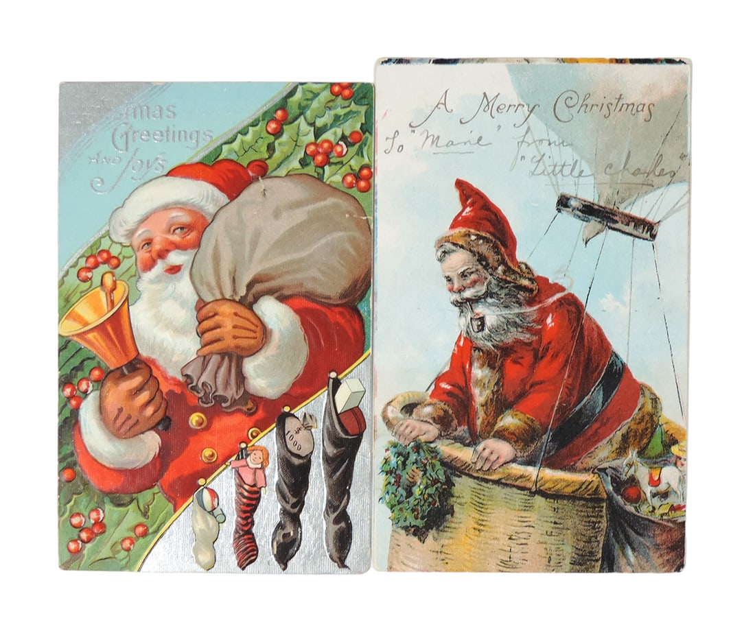 Christmas Postcards (2), Christmas Greetings & Joys, Santa w/bell & bag of (1 of 2)