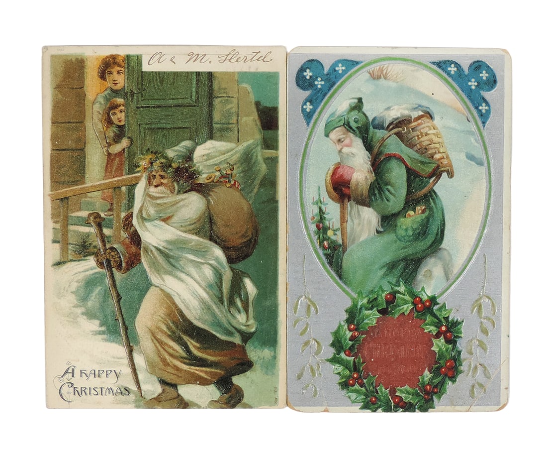 Christmas Postcards (2), Happy Christmas to You, Santa in green suit w/bask (1 of 2)