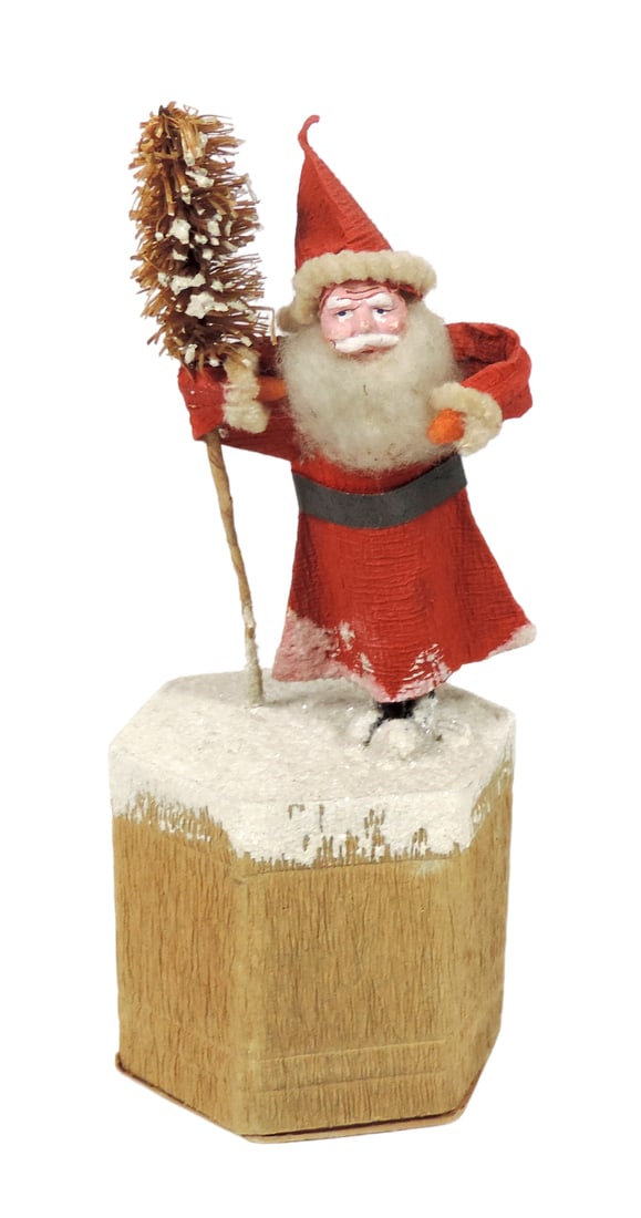Christmas Belsnickel Santa Figure, paper mache w/Bottle Brush staff, c.1930 (1 of 3)