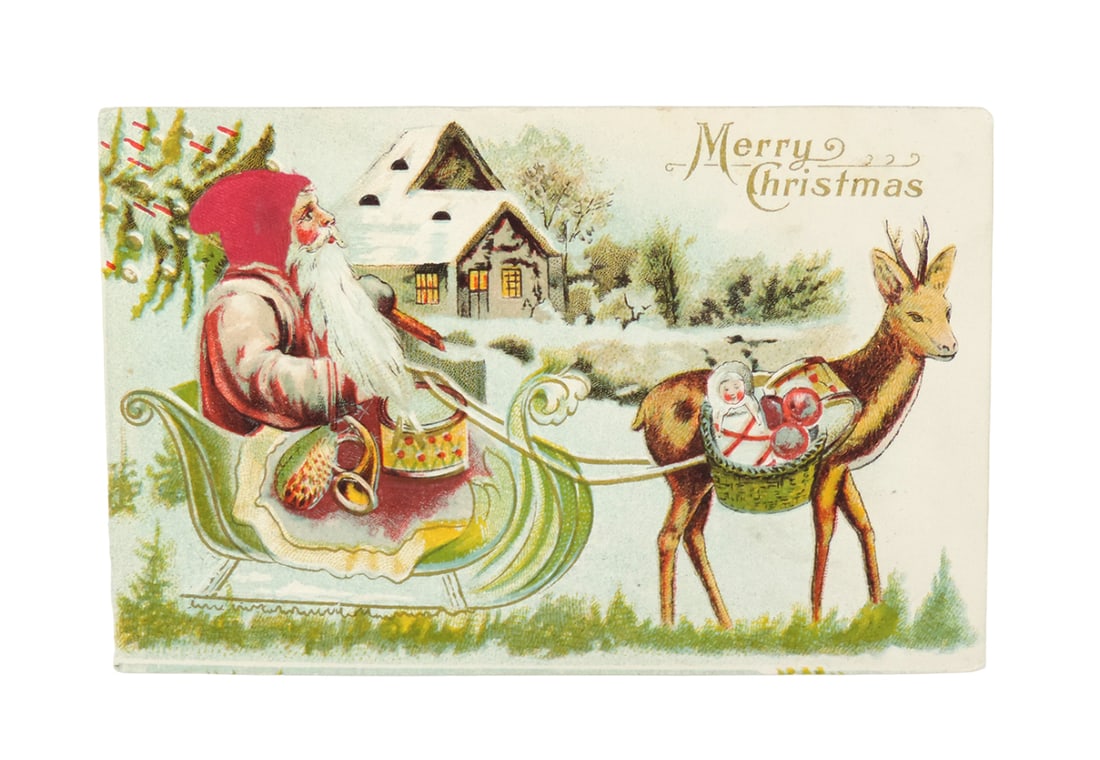 Christmas Postcard, Merry Christmas, Santa in Sleigh, printed in Austria, e (1 of 2)