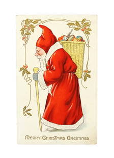 Christmas Postcard, Raphael Tuck Merry Christmas Greetings, Santa w/basket: Christmas Postcard, Raphael Tuck Merry Christmas Greetings, Santa w/basket of toys, inscribed but unposted, c.1910, Exc cond.