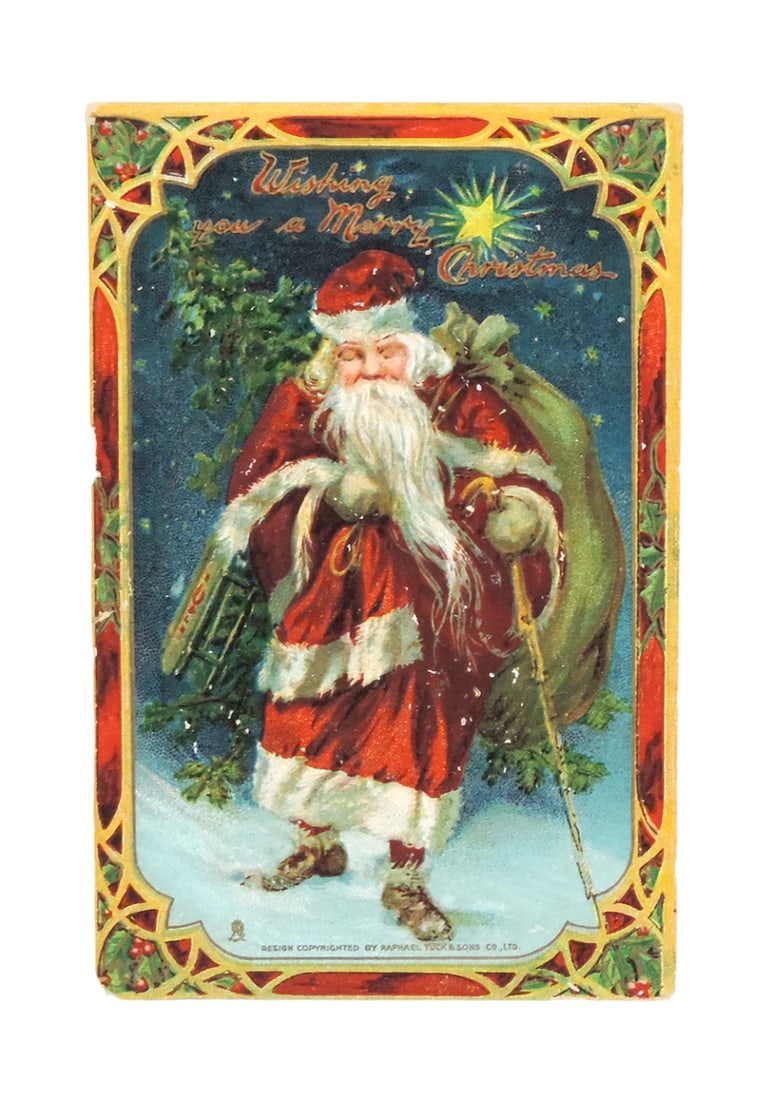 Christmas Postcard, Wishing You a Merry Christmas, Santa w/Cane, Raphael Tu (1 of 2)