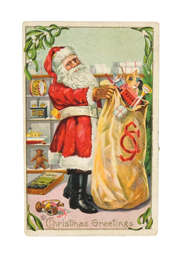 Christmas Postcard, Christmas Greetings, Santa w/Bag of Toys, Series 227 A, (1 of 2)