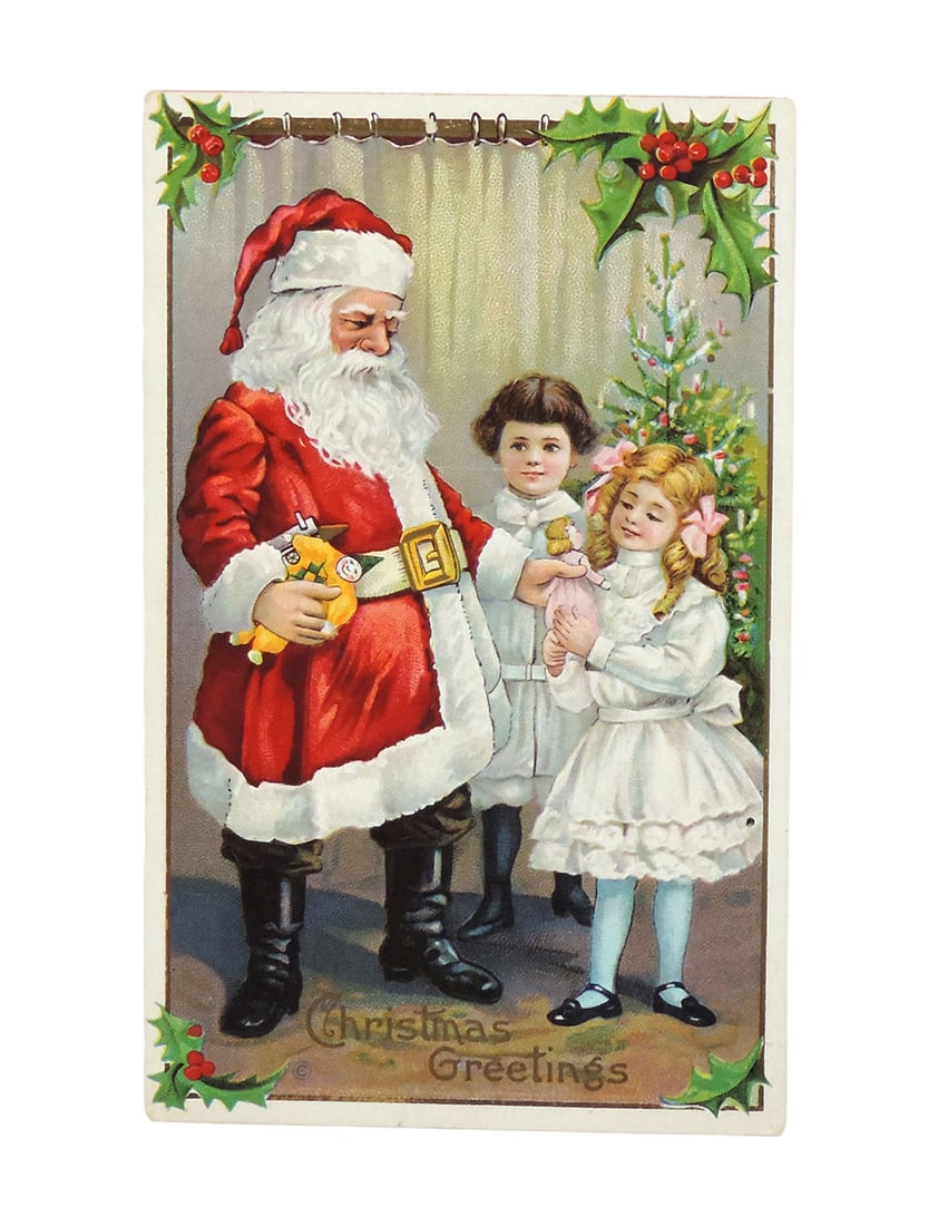 Christmas Postcard, Christmas Greetings, Santa w/Young Girls w/Doll, Series (1 of 2)