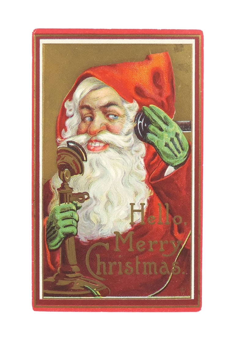 Christmas Postcard, Hello Merry Christmas, Santa on Telephone, Series 213,: Christmas Postcard, Hello Merry Christmas, Santa on Telephone, Series 213, embossed w/gold background, c.1910, written on back in pencil but unposted, Exc cond.