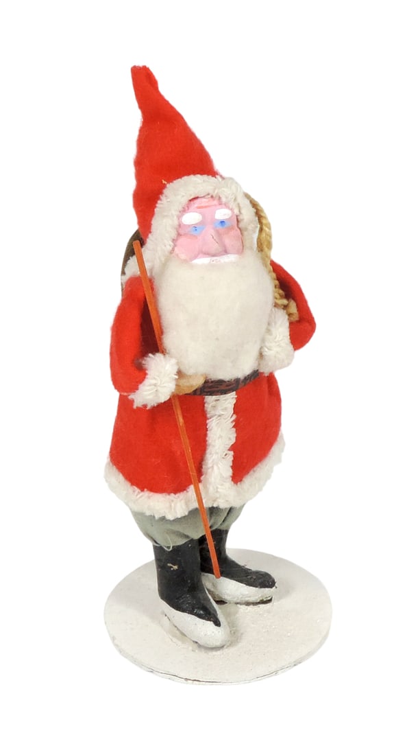 Christmas Santa Figure, c.1930-1940s, hand-painted paper mache w/red wool s (1 of 3)