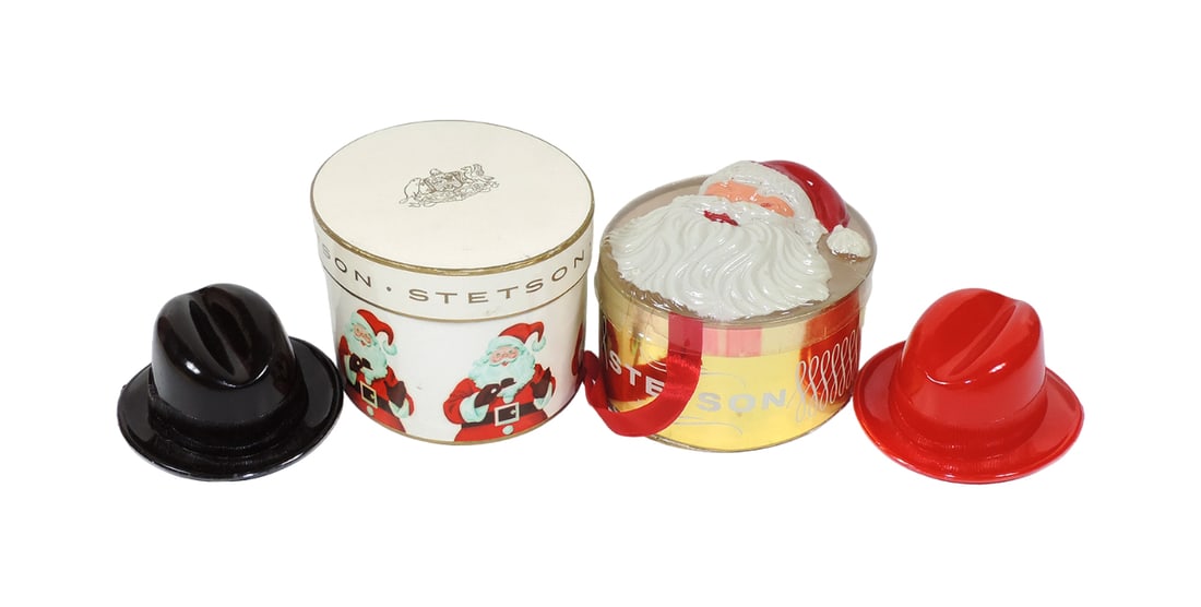 Christmas STETSON Hat Boxes (2), brown hard plastic hat w/band marked STETS (1 of 2)