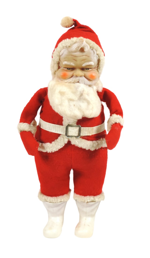 Christmas, Santa Figure, rubber face/felt suit w/faux fur trim, c.1950's, s: Christmas, Santa Figure, rubber face/felt suit w/faux fur trim, c.1950's, soft plastic boots need to be reglued on legs, VG cond w/some wear, 14"H.