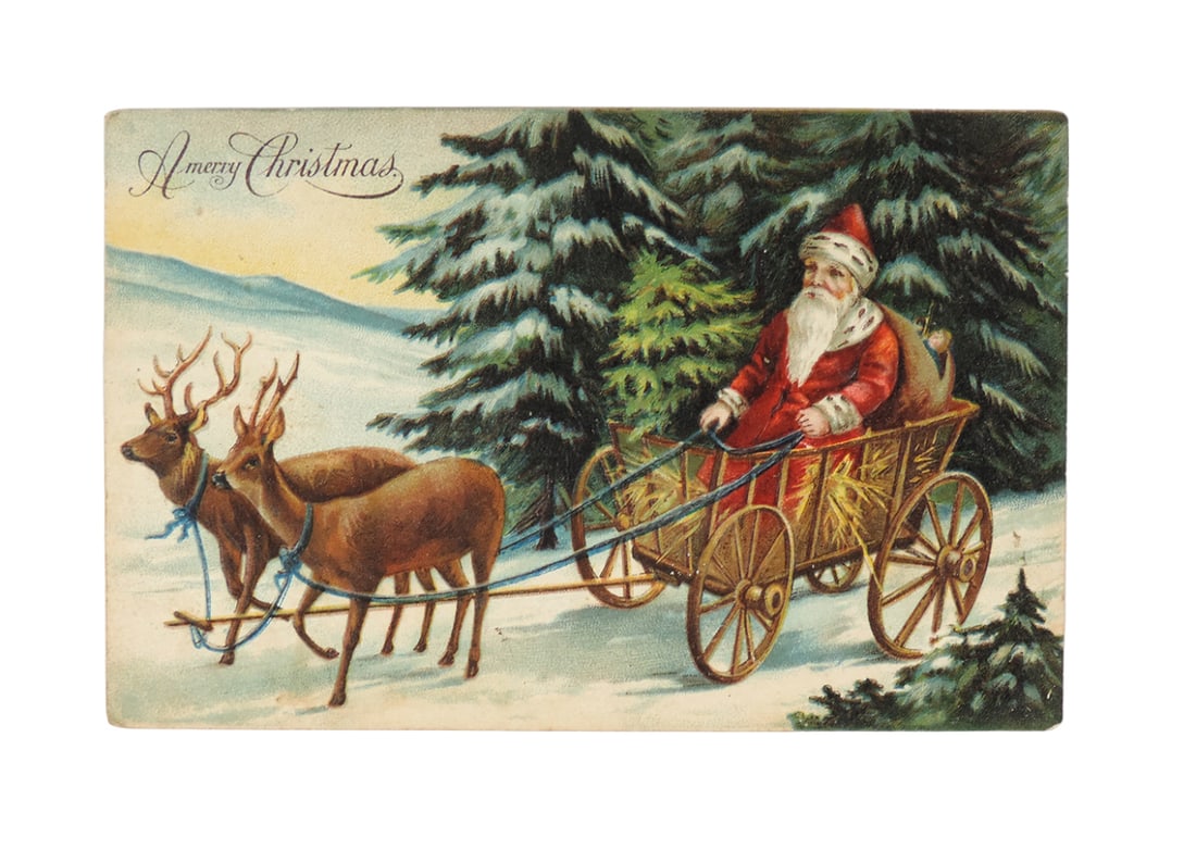 Christmas Postcard, A Merry Christmas, Santa in Cart pulled by Reindeer, pr (1 of 2)
