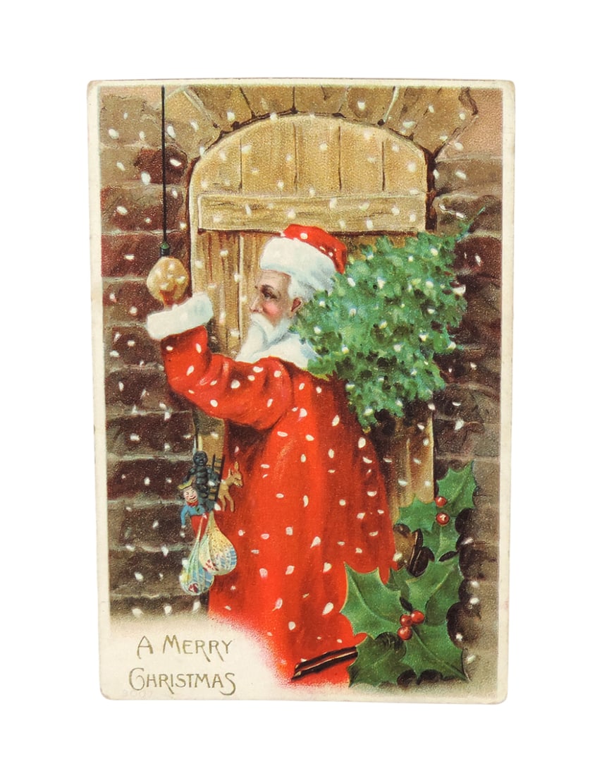 Christmas Postcard, A Merry Christmas, Santa Knocking at Door w/Tree & Gift (1 of 2)