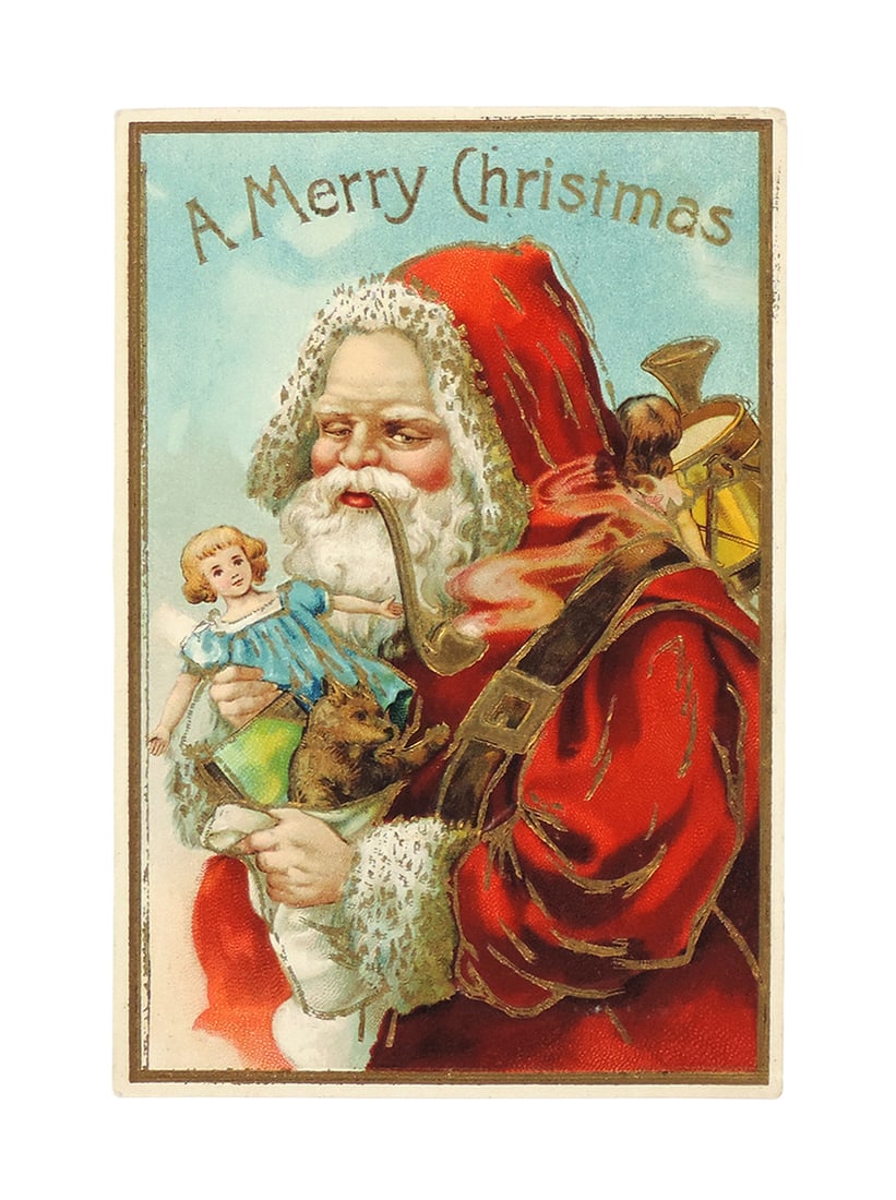 Christmas Postcard, A Merry Christmas, Santa w/Pipe Toting Gifts, marked E. (1 of 2)